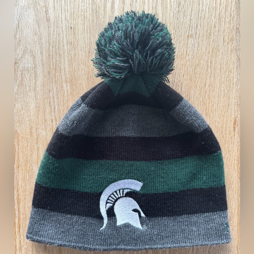 Michigan State Striped Beanie with Pom